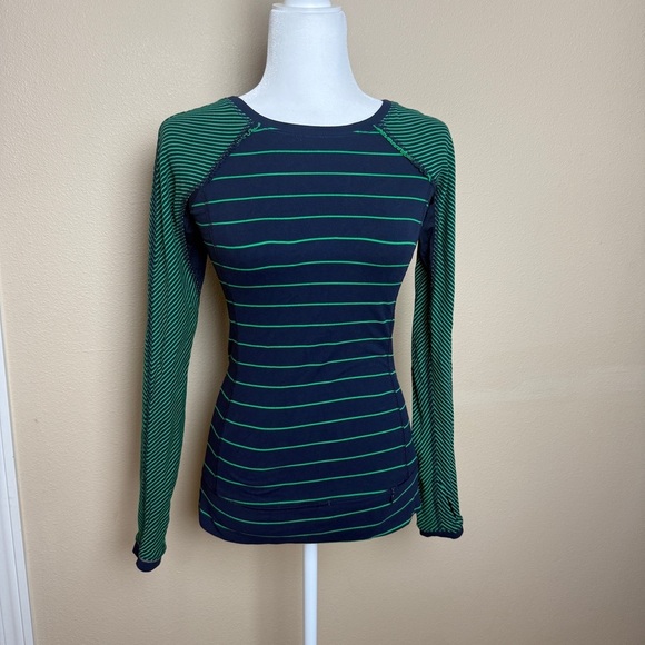 Lululemon Slalom Stripe Inkwell Green Long Sleeve Full Tilt Shirt Top - Picture 1 of 15